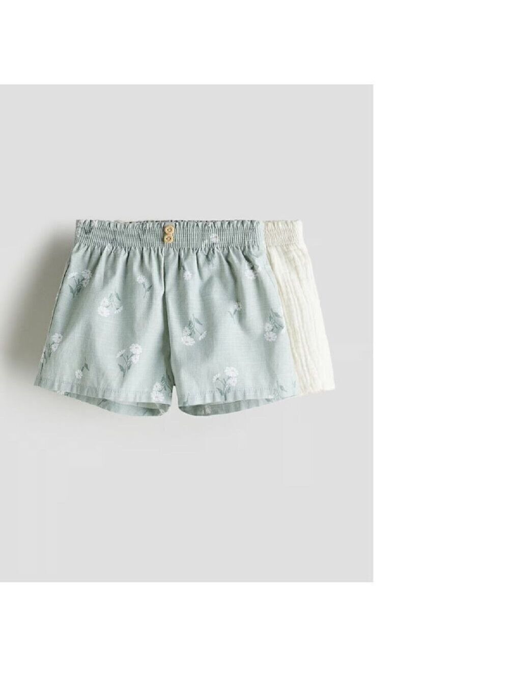 H&M 2-pack Smocked-waist Shorts Light dusty green floral Cream Baby 9-12M
